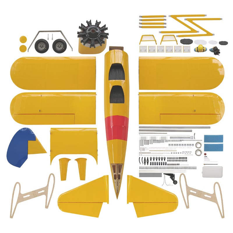view of all pieces that come in the yellow 116" Stearman Biplane kit
