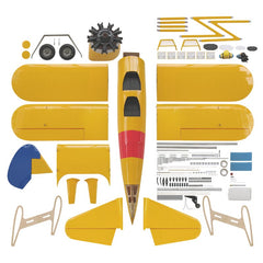 view of all pieces that come in the yellow 116" Stearman Biplane kit