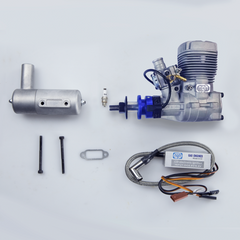 wider view of parts included when purchasing the NGH GT17-Pro 2-Stroke Gas Engine