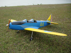 side view of blue and yellow 110" Fairchild PT-19