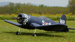 blue version of 94" F4U Corsair on a green grass field