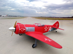 view of red 96" Lavochkin LA-7 on a runway